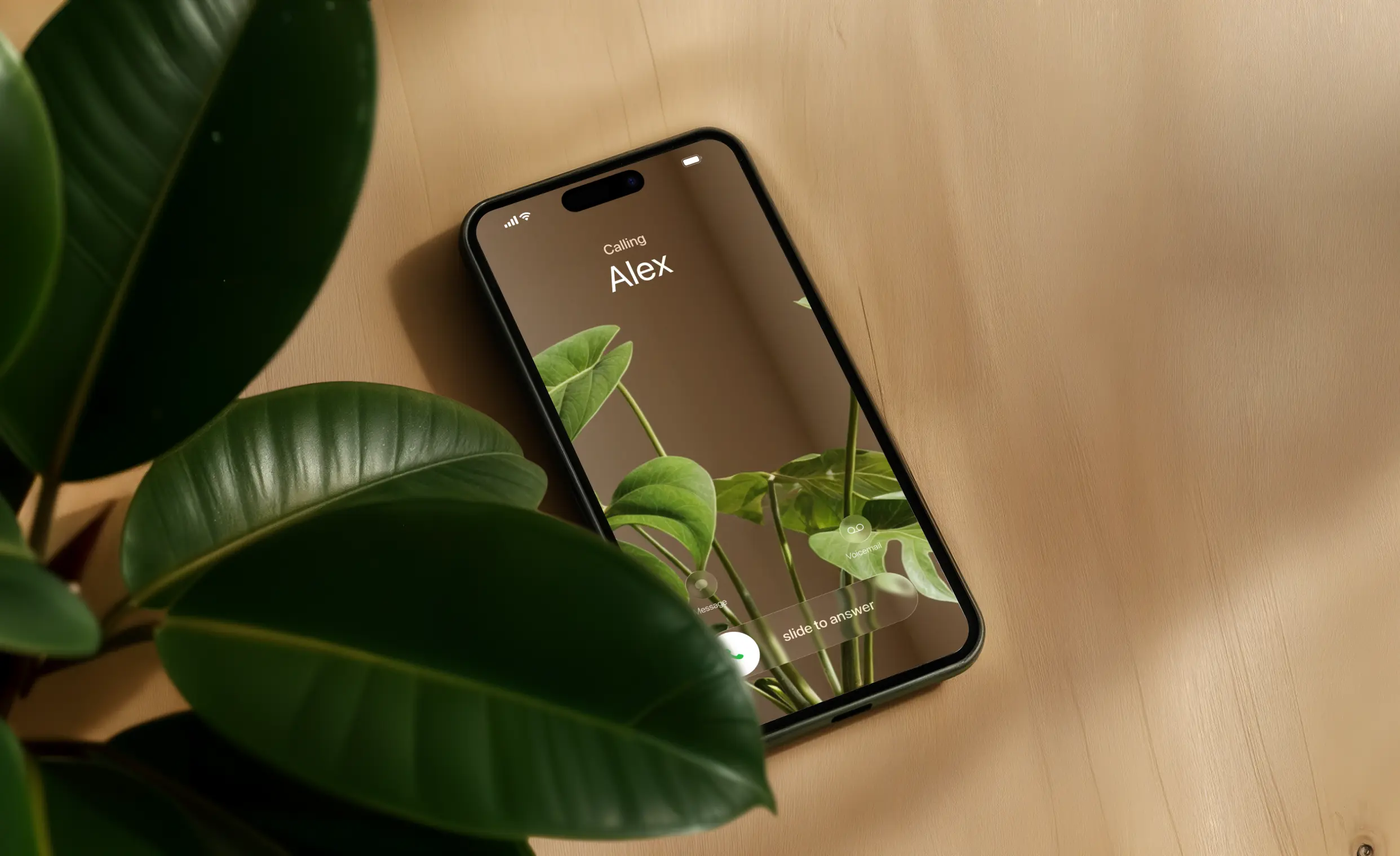 Phone screen showing Josh call with timer, transcript, and scoring badge